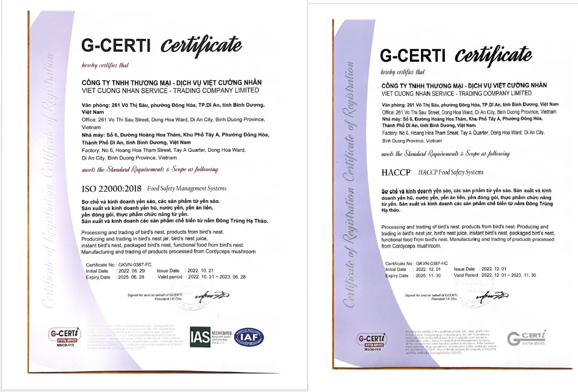 Chứng nhận an to&agrave;n thực phẩm ISO 22000 v&agrave; HACCP sản ph&acirc;̉m đ&ocirc;ng trùng hạ thảo Đỗ Thị To&aacute;n.