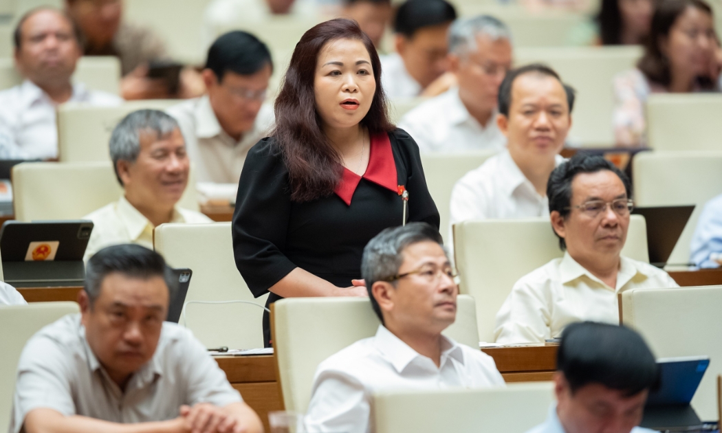 Đại biểu Vũ Thị Lưu Mai, Đoàn Đại biểu Quốc hội TP. Hà Nội đề nghị có chính sách tiền lương đủ mạnh để thu hút nhân tài. Ảnh - Quochoi.vn.