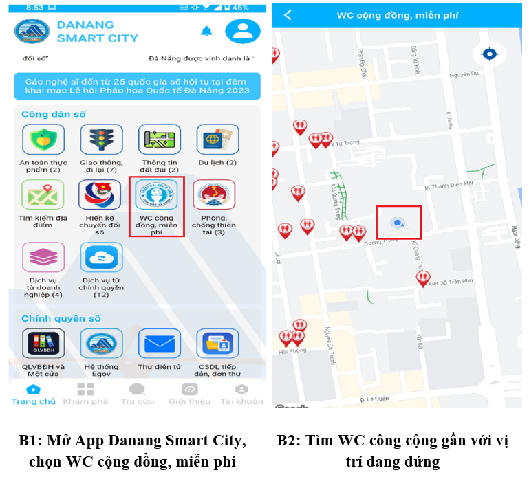 app Danang Smart City tích hợp sẵn chức năng chỉ đường cho người dùng dễ dàng tìm đếm địa chỉ nhà vệ sinh gần nhất.