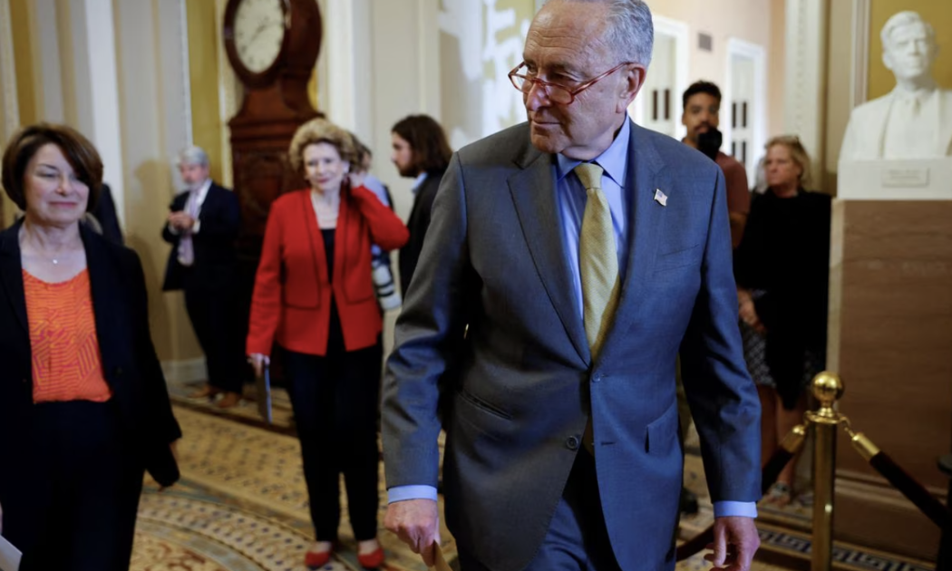 Nghị sỹ Dân chủ Chuck Schumer, thủ lĩnh phe đa số tại Thượng viện Mỹ, tới họp báo sau khi dự luật trần nợ được Thượng viện phê chuẩn ngày 1/6 - Ảnh: Reuters.