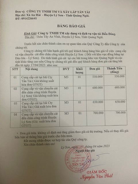 Giá cát xây dựng tại Quảng Ngãi do một đơn vị cung ứng báo giá