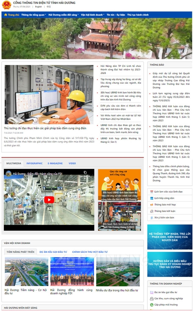  Giao diện mới Cổng thông tin điện tử tỉnh Hải Dương gồm 4 chuyên mục chính.