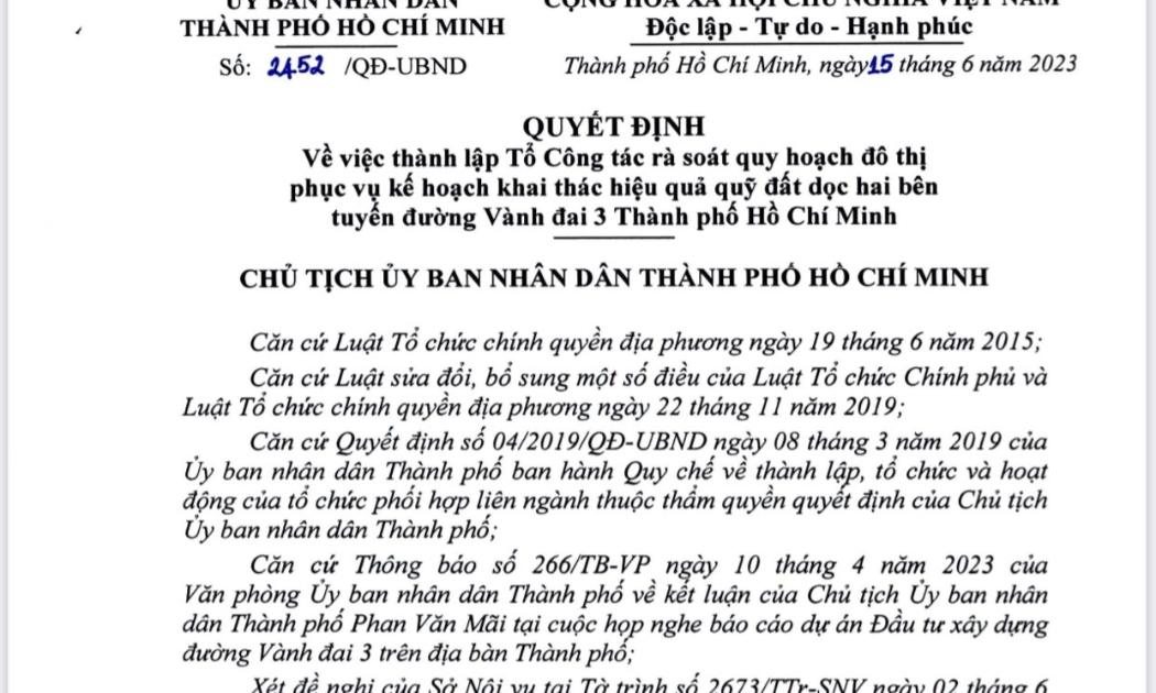 Quyết định thành lập Tổ Công tác rà soát quy hoạch đô thị phục vụ kế hoạch khai thác hiệu quả quỹ đất dọc hai bên tuyến đường Vành đai 3 TP.HCM.