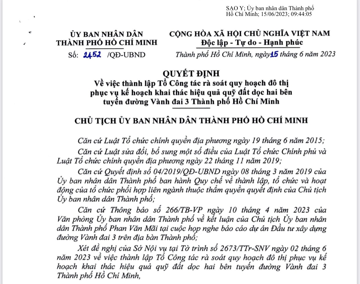 Quyết định thành lập Tổ Công tác rà soát quy hoạch đô thị phục vụ kế hoạch khai thác hiệu quả quỹ đất dọc hai bên tuyến đường Vành đai 3 TP.HCM.