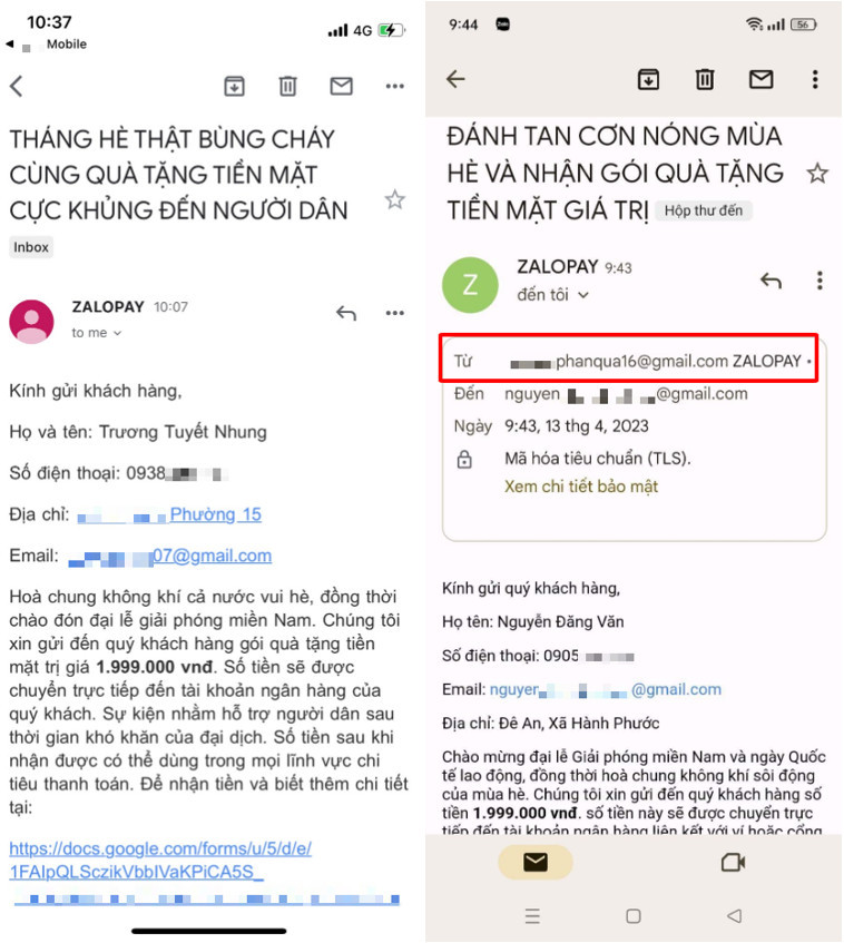 Người d&ugrave;ng cần lưu &yacute; kiểm tra kỹ địa chỉ email người gửi (kh&ocirc;ng phải t&ecirc;n email gửi) để kh&ocirc;ng bị đ&aacute;nh lừa (Ảnh chụp email mạo danh).&nbsp;