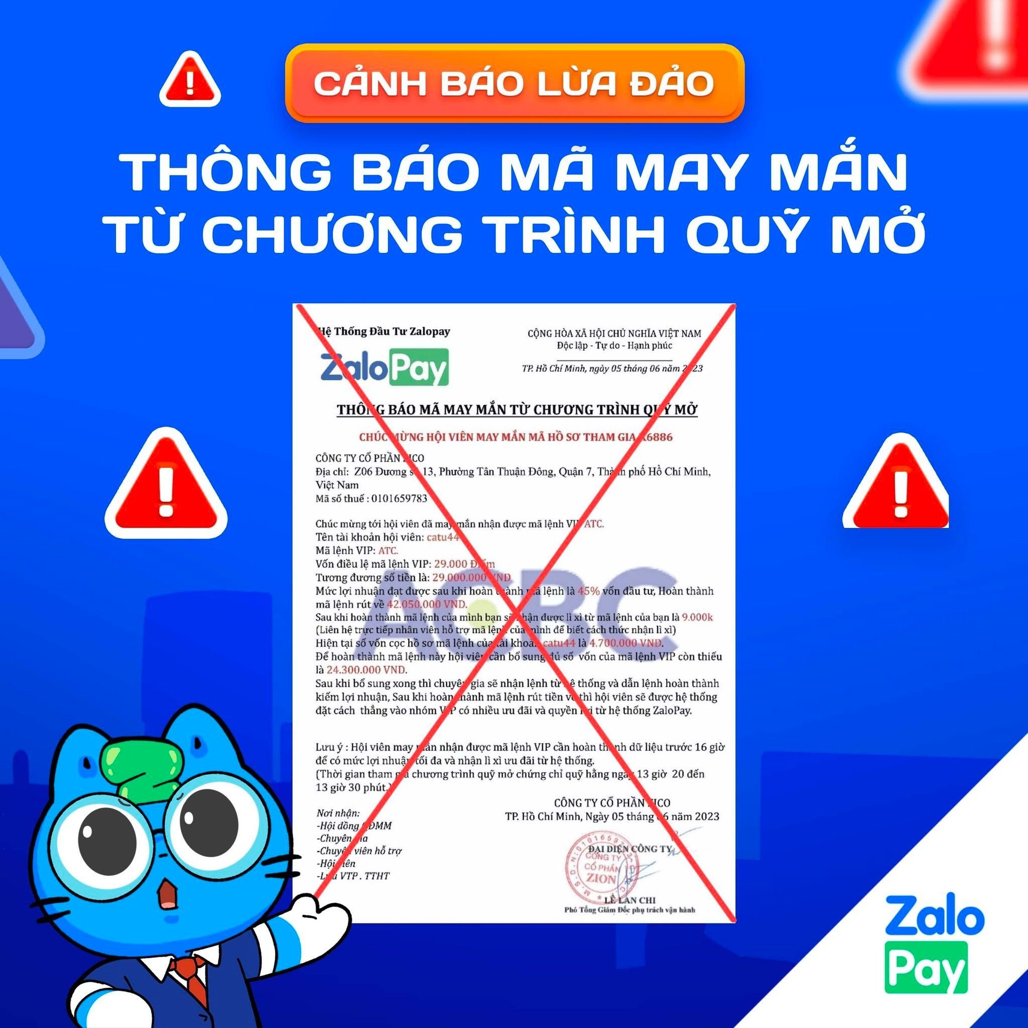 Các đối tượng sử dụng thủ đoạn lừa đảo tinh vi, mạo danh chữ ký, giả mạo thông tin các ngân hàng. (Nguồn: ZaloPay)