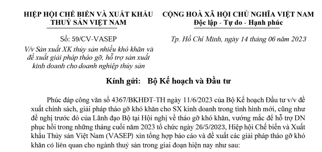 C&ocirc;ng văn VASEP gửi Bộ Kế hoạch v&agrave; Đầu tư nhằm đề xuất giải ph&aacute;p, hỗ trợ doanh nghiệp thủy sản