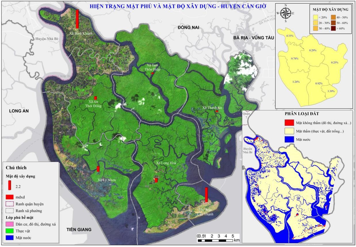 Bản đồ hiện trạng mặt phủ v&agrave; mật độ x&acirc;y dựng huyện Cần Giờ. Ảnh: Nh&oacute;m nghi&ecirc;n cứu,&nbsp;sử dụng giải đo&aacute;n ảnh vệ tinh.
