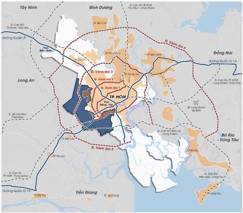 Mối quan hệ giữa huyện Bình Ch&aacute;nh trong li&ecirc;n kết v&ugrave;ng TP.HCM v&agrave; c&aacute;c tỉnh l&acirc;n cận. Ảnh: Nh&oacute;m nghi&ecirc;n cứu.