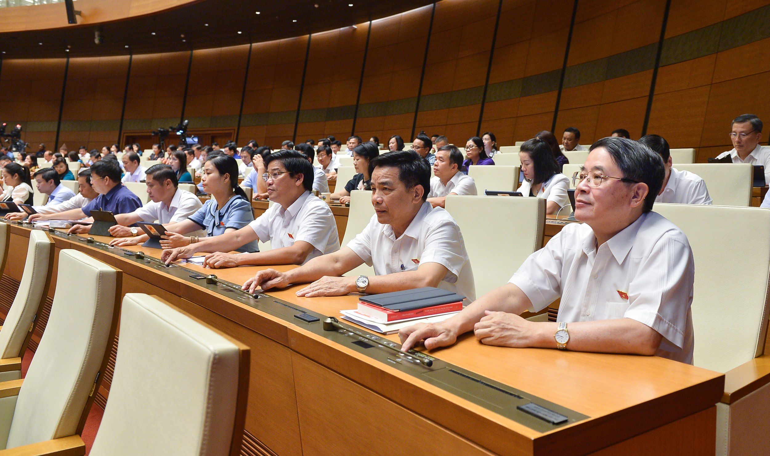 Ph&oacute; Chủ tịch Quốc hội Nguyễn Đức Hải (ngo&agrave;i c&ugrave;ng b&ecirc;n phải) c&ugrave;ng c&aacute;c đại biểu Quốc hội bấm n&uacute;t biểu quyết - Ảnh: Quochoi.vn