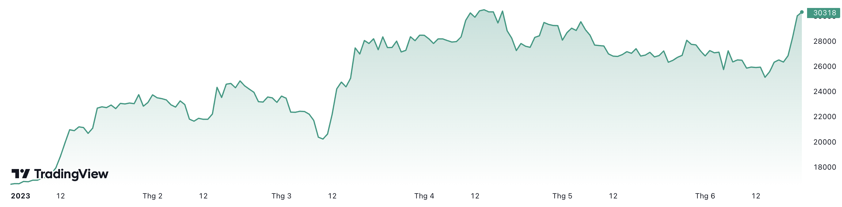Diễn biến gi&aacute; Bitcoin từ đầu năm đến nay. Đơn vị: USD/Bitcoin.