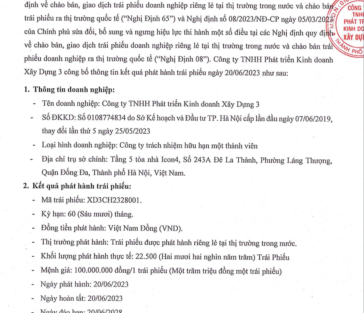 Lô trái phiếu lãi cao nhất thị trường của Công ty TNHH Phát triển kinh doanh xây dựng 3. 