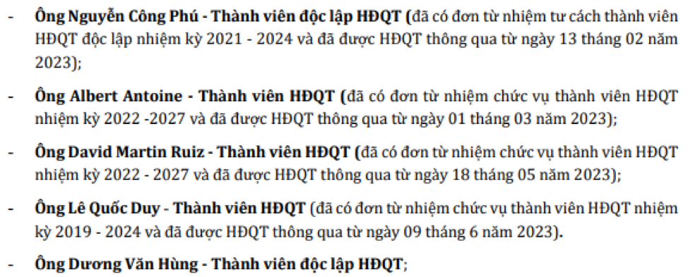 Danh sách thành viên HĐQT sẽ miễn nhiệm tại ĐHĐCĐ thường niên 2023 - Nguồn: HBC .