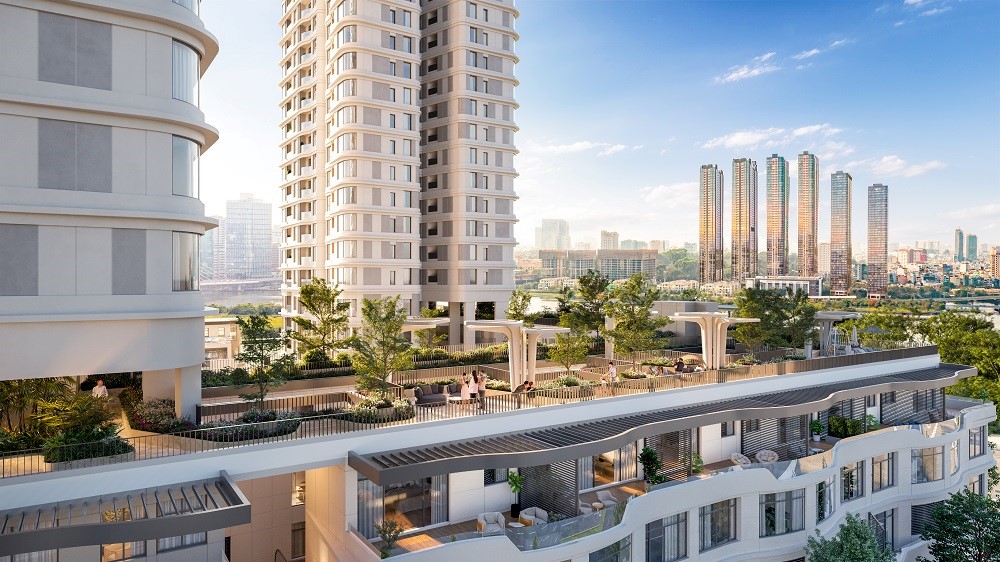 Vườn xanh trên cao cùng cầu đi bộ Sky Bridge tại tầng 5 tạo điểm nhấn cảnh quan ngoài trời đặc sắc.