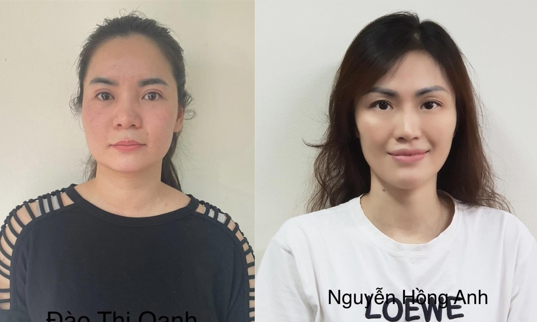 Hai bị can Đào Thị Oanh và Nguyễn Hồng Anh (từ trái qua) trong vụ vận chuyển trái trái phép 4.355 tỉ đồng ra nước ngoài. Ảnh: Bộ Công an
