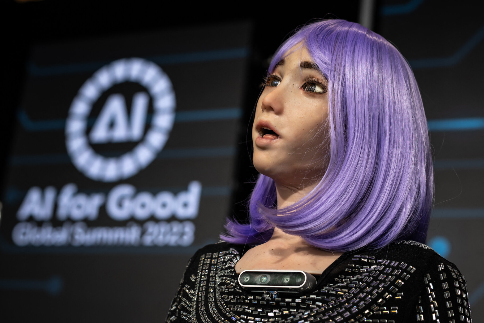 Robot AI Sophia đến từ Hanson Robotics trong Hội nghị thượng đỉnh toàn cầu AI for Good của Liên minh Viễn thông Quốc tế (ITU) tại Geneva. (Ảnh: AFP)