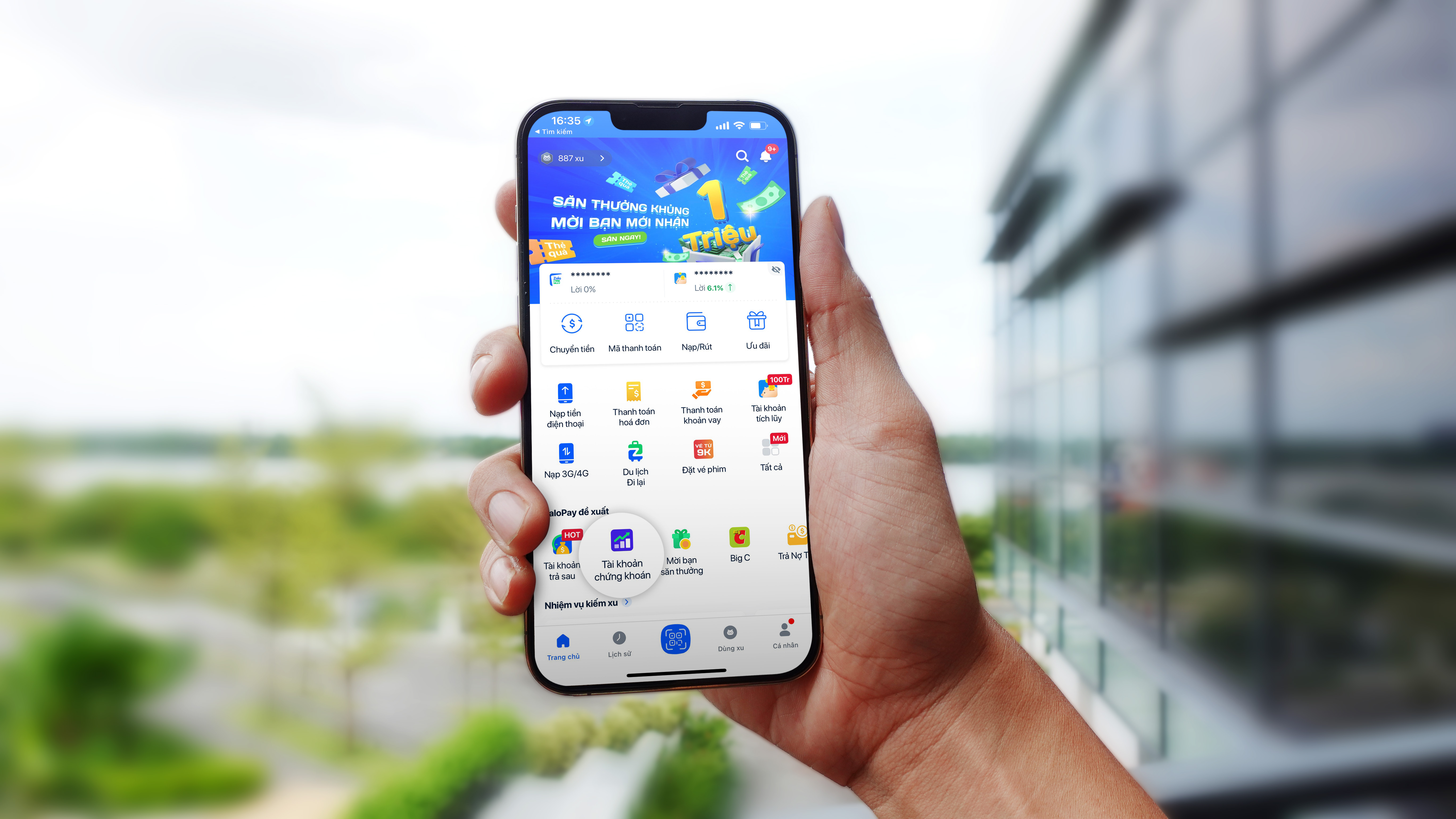 Truy cập v&agrave;o T&agrave;i Khoản Chứng Kho&aacute;n dễ d&agrave;ng ngay tr&ecirc;n m&agrave;n h&igrave;nh ch&iacute;nh của V&iacute; điện tử ZaloPay.