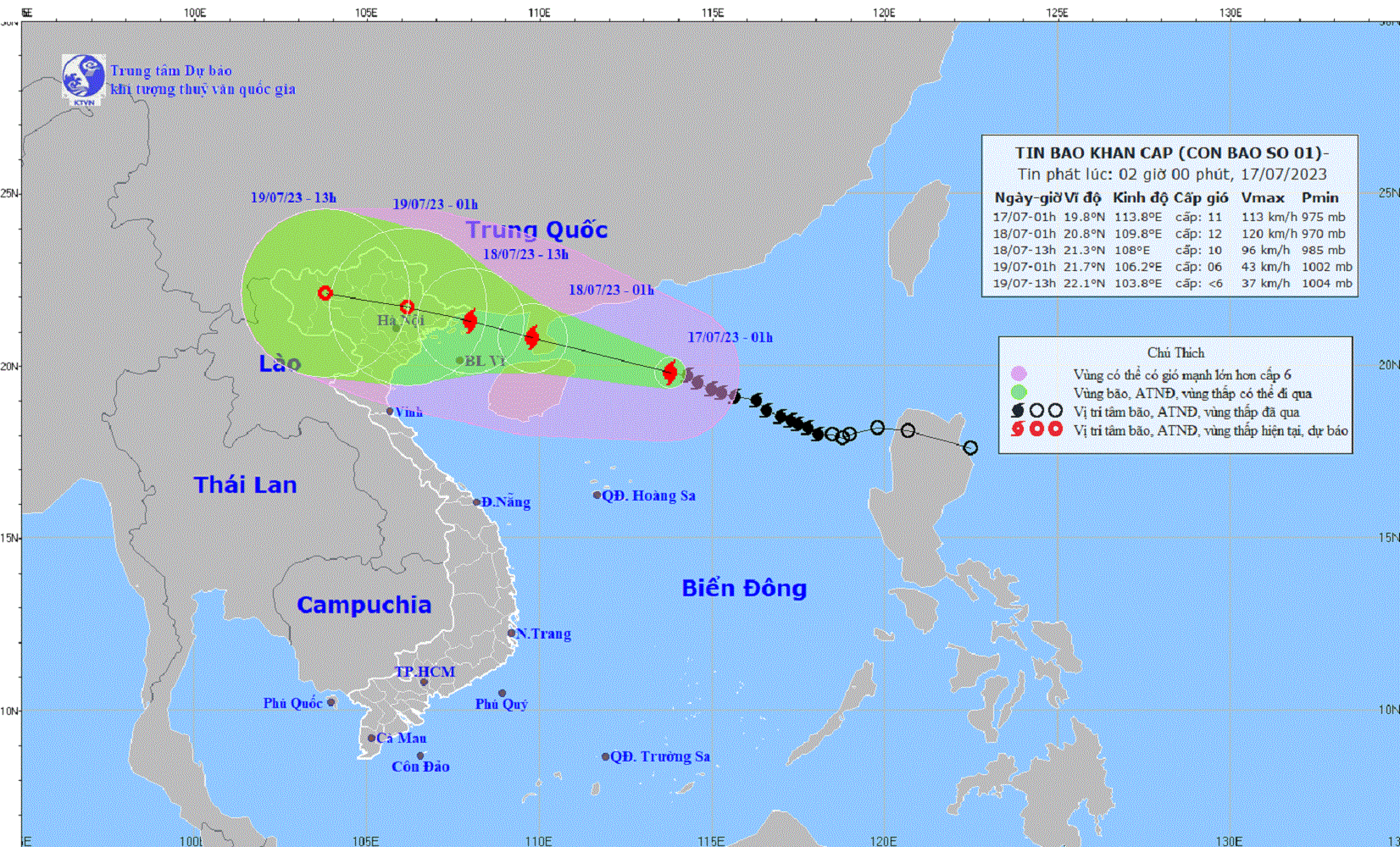 Hướng đi của bão số 1 (cập nhật đến sáng 17/7/2023).