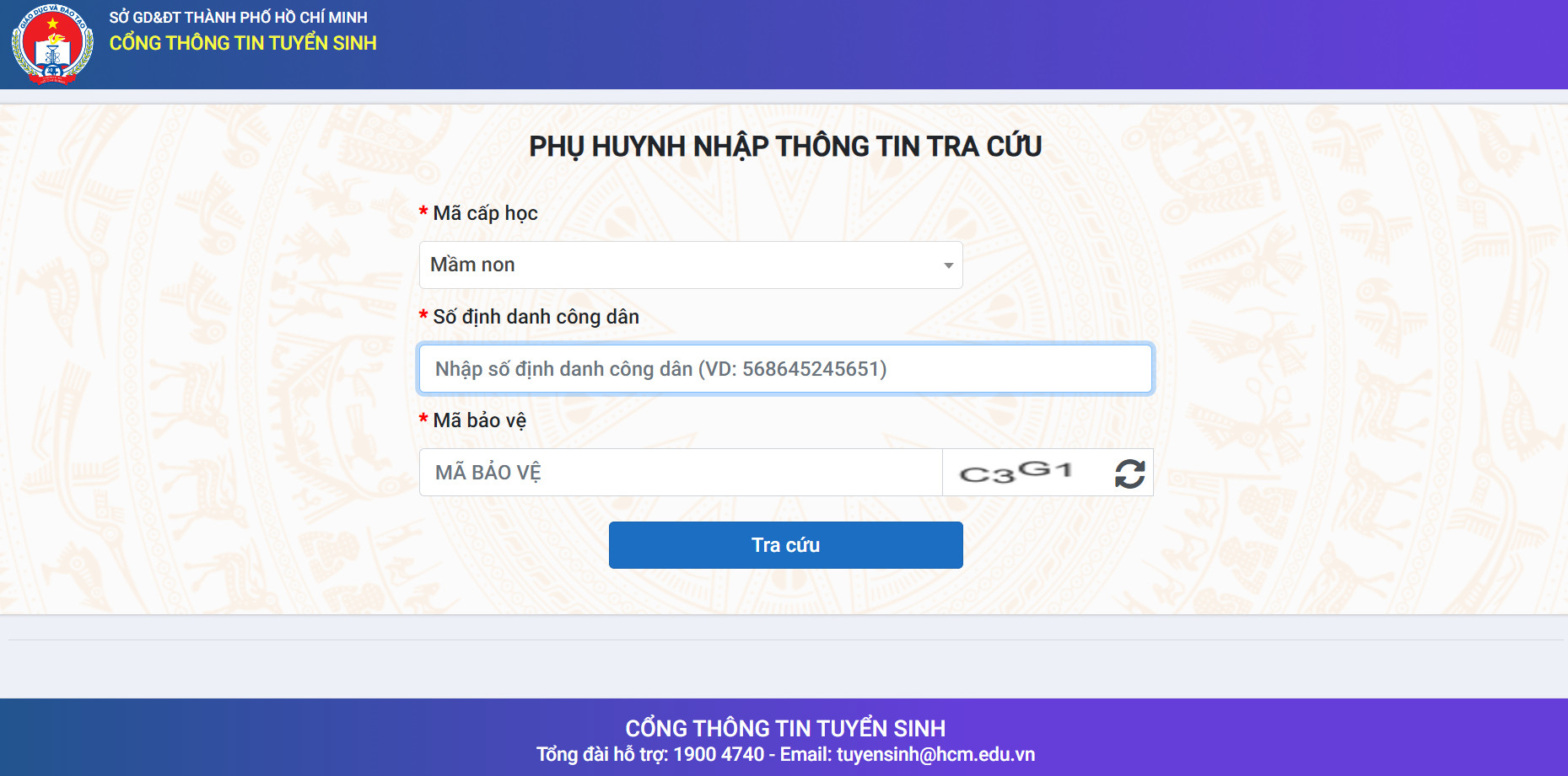 Phụ huynh học sinh nhập thông tin tra cứu tại mục 