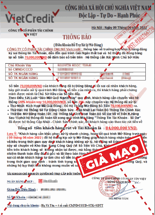 VietCredit từng cảnh báo thủ đoạn mạo danh, lừa đảo khách hàng... (Ảnh minh họa).