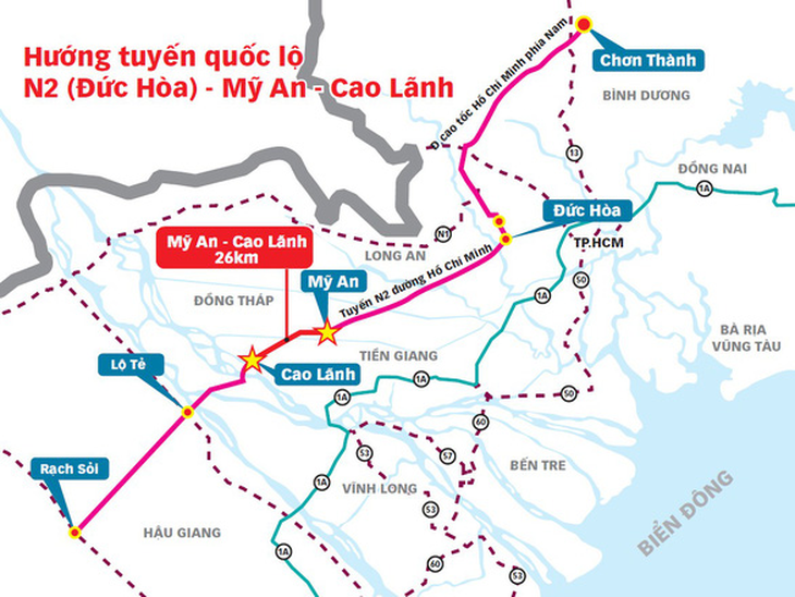Hướng tuyến cao tốc Mỹ An - Cao Lãnh trong lý trình kết nối với tuyến N2 và đường Hồ Chí Minh.
