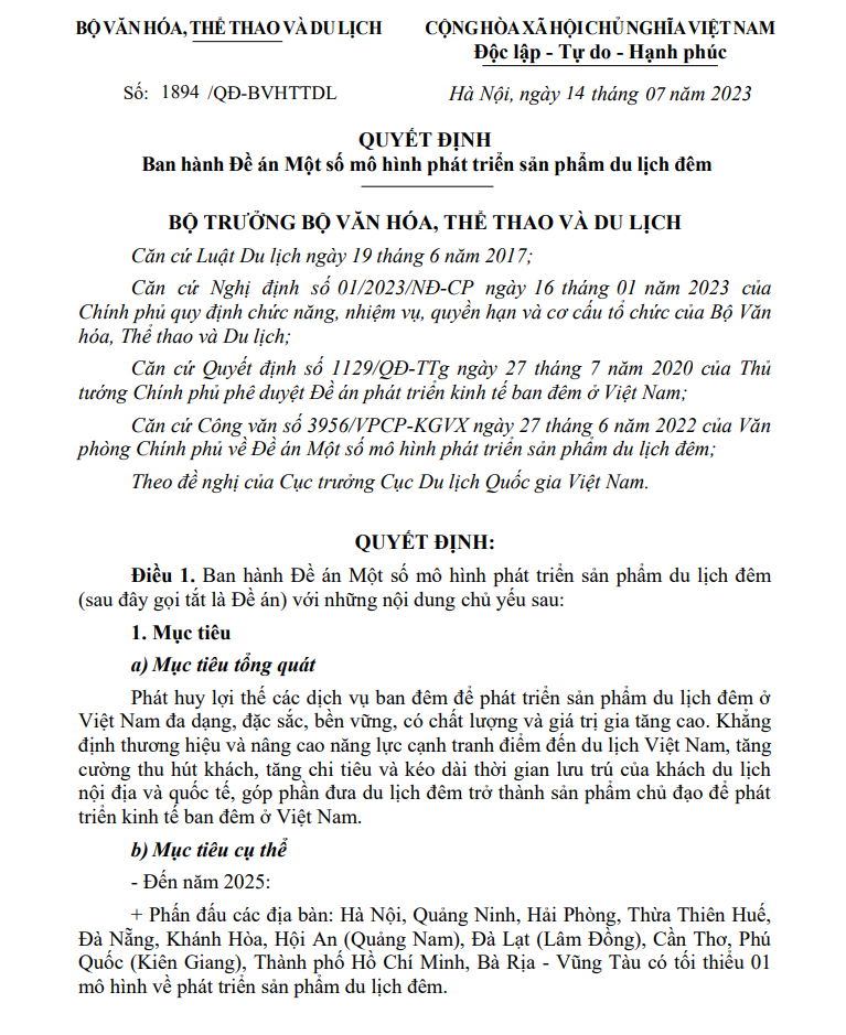 Quyết định ban h&agrave;nh Đề &aacute;n Một số m&ocirc; h&igrave;nh ph&aacute;t triển sản phẩm du lịch đ&ecirc;m của&nbsp;Bộ Văn h&oacute;a, Thể thao v&agrave; Du lịch.