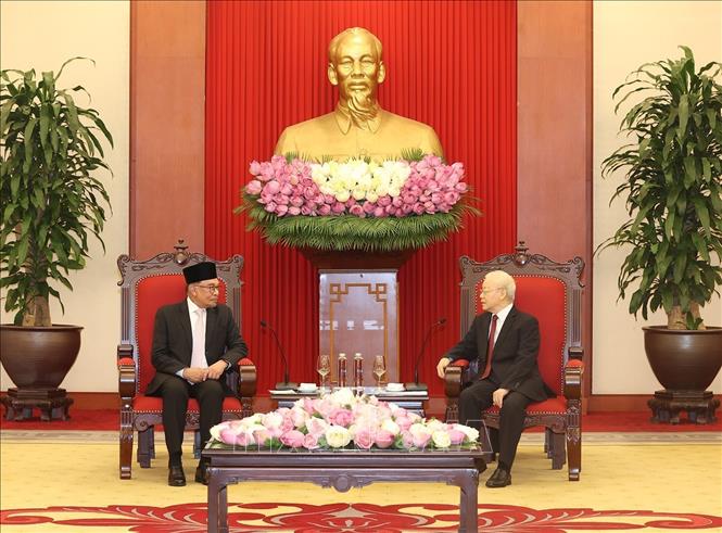 Tổng Bí thư Nguyễn Phú Trọng đánh giá cao những kết quả tốt đẹp của cuộc hội đàm giữa hai Thủ tướng, bày tỏ tin tưởng quan hệ hai nước còn nhiều tiềm năng để phát triển mạnh mẽ - Ảnh: TTXVN.