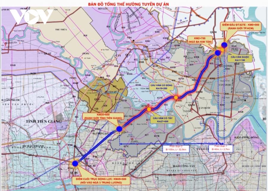 Bản đồ hướng tuyến dự &aacute;n x&acirc;y mới qu&oacute;c lộ 50B v&agrave; 3 cầu qua c&aacute;c s&ocirc;ng Cần Giuộc, V&agrave;m Cỏ Đ&ocirc;ng v&agrave; V&agrave;m Cỏ T&acirc;y.