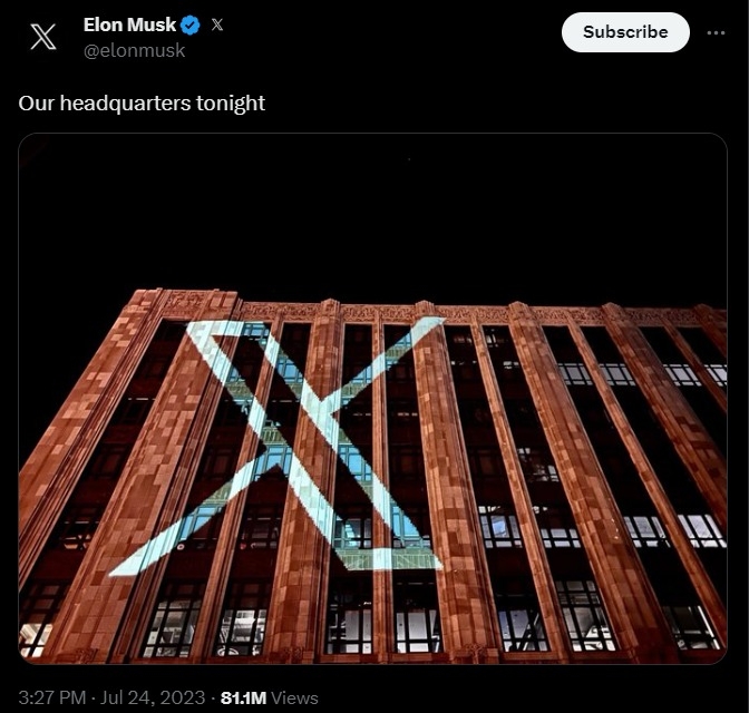 Trụ sở ch&iacute;nh của Twitter đ&atilde; được chiếu với logo mới. Nguồn: Twitter của Elon Musk