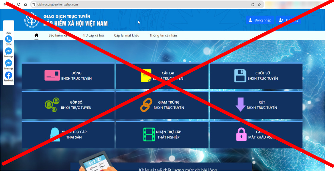 Trang web giả mạo. Ảnh - Bảo hiểm xã hội Việt Nam cung cấp.