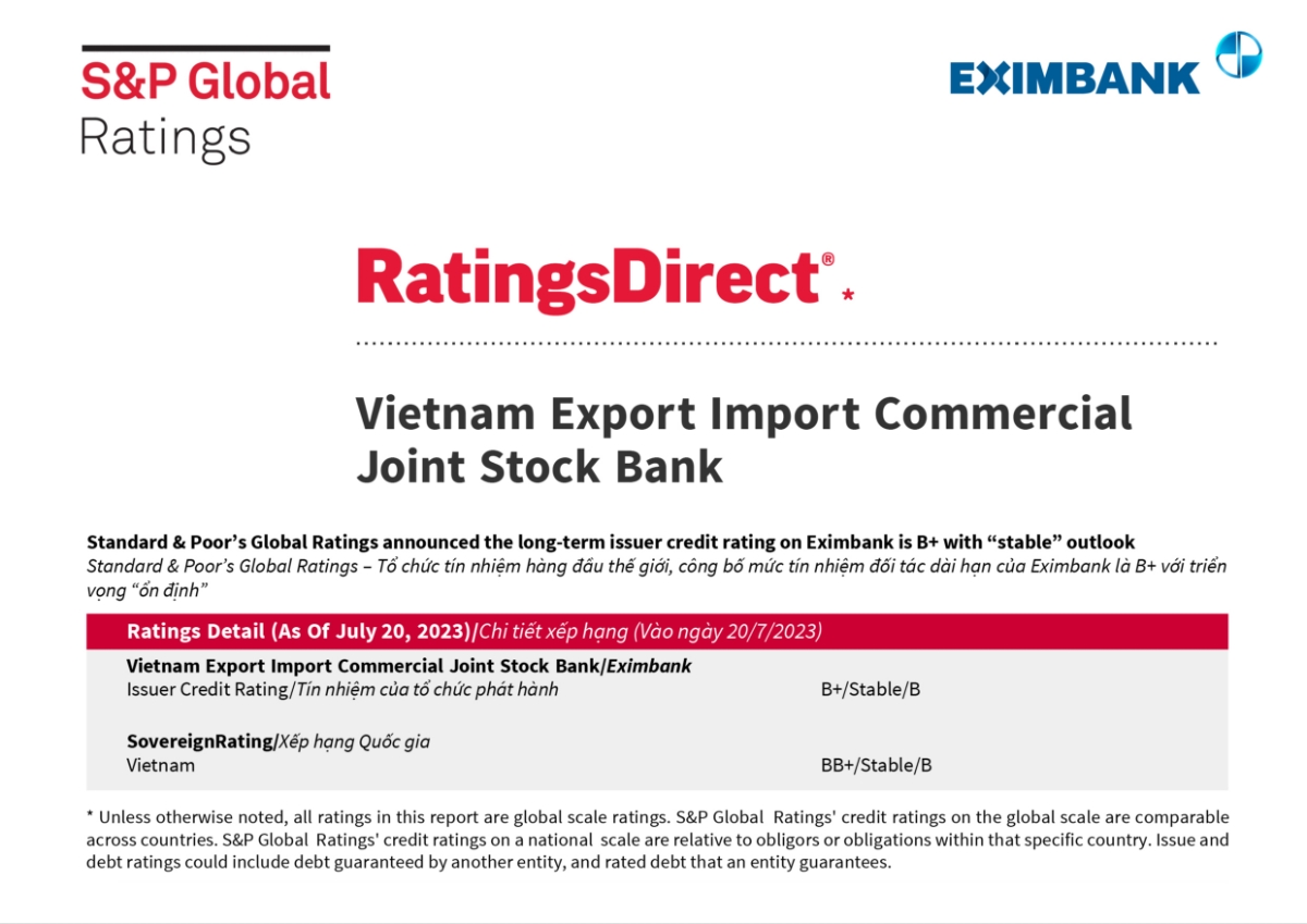 C&ocirc;ng bố xếp hạng t&iacute;n nhiệm mới nhất của S&P Global Ratings d&agrave;nh cho Eximbank.