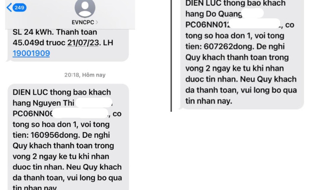 Hình ảnh tin nhắn lạ do khách hàng cung cấp – Nguồn: EVNCPC