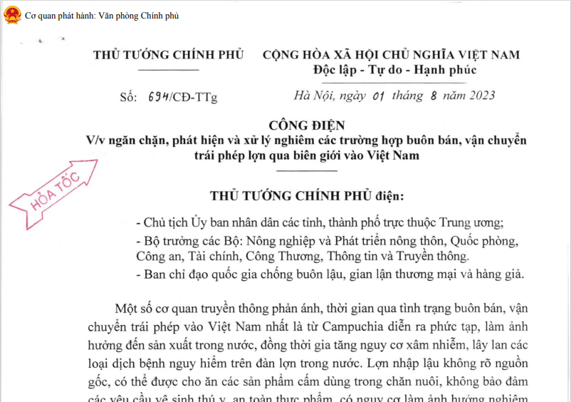 Công điện của Thủ tướng Chính phủ.