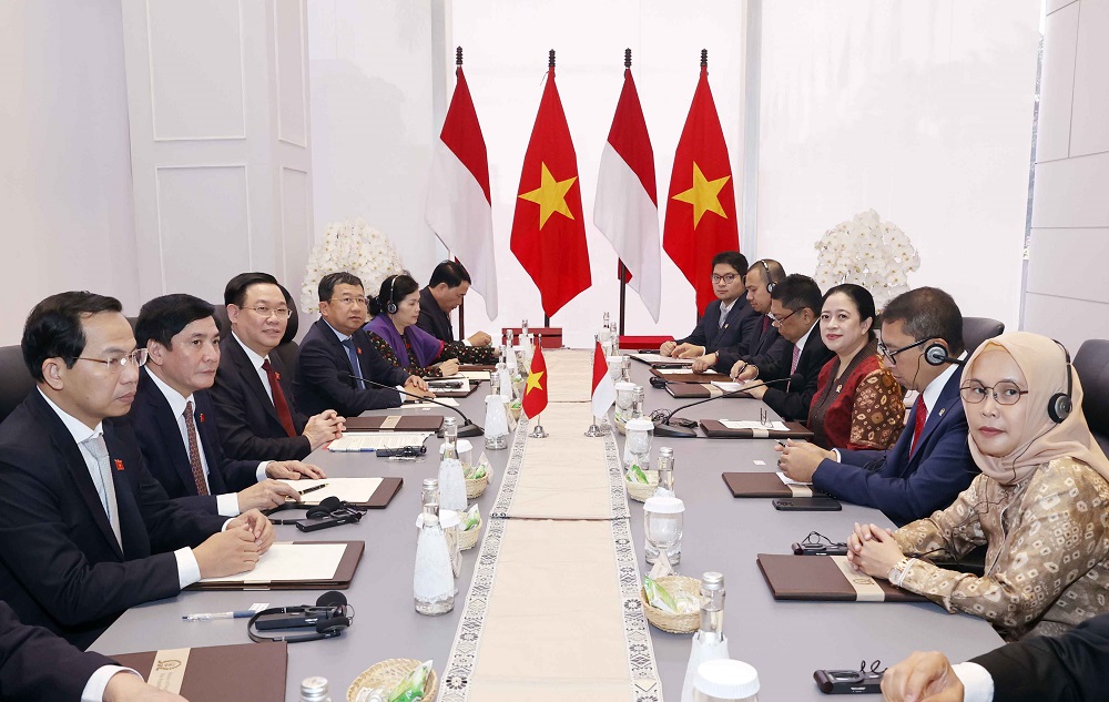 Chủ tịch Quốc hội Vương Đình Huệ hội đàm với Chủ tịch Hạ viện Indonesia Puan Maharani. Ảnh: Quốc hội.