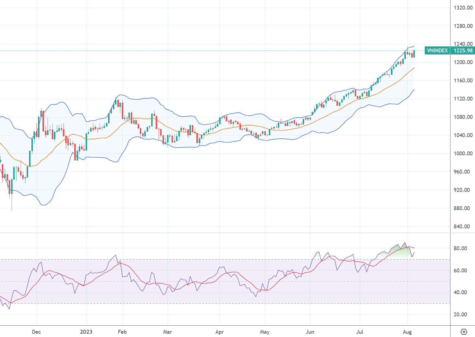 Chỉ số VN-Index và chỉ báo kỹ thuật RSI.