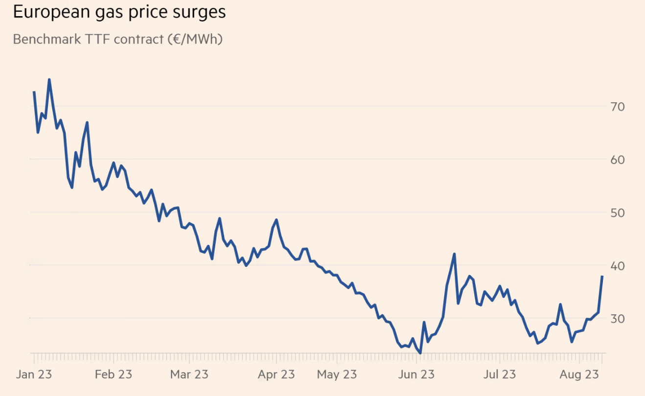 Diễn biến gi&aacute; kh&iacute; đốt tại thị trường ch&acirc;u &Acirc;u từ đầu năm đến nay. Đơn vị: Euro/megawatt giờ.