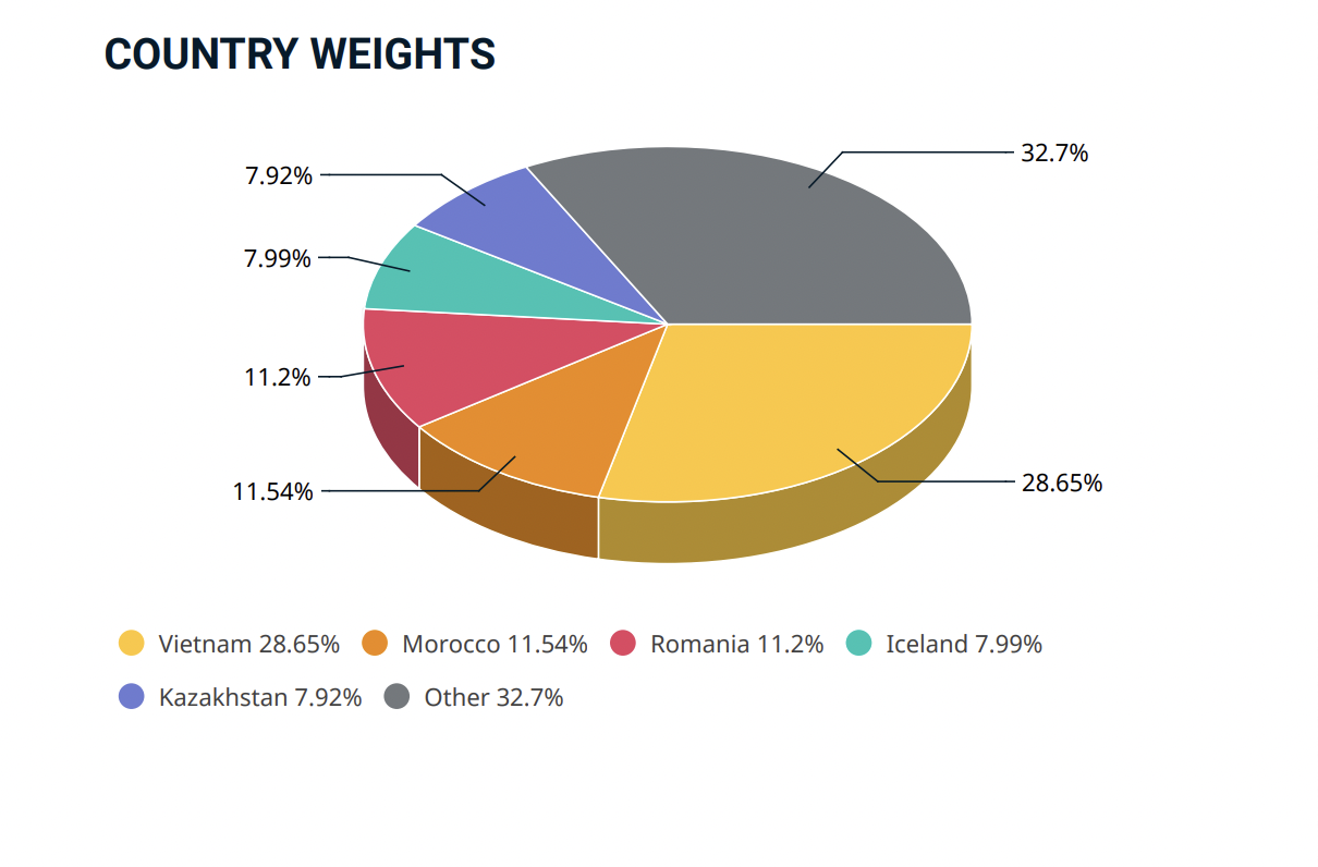 Tại ng&agrave;y 31/7, cổ phiếu của Việt Nam đang chiếm tỷ trọng cao nhất trong rổ chỉ số với tỷ lệ 28,65%.