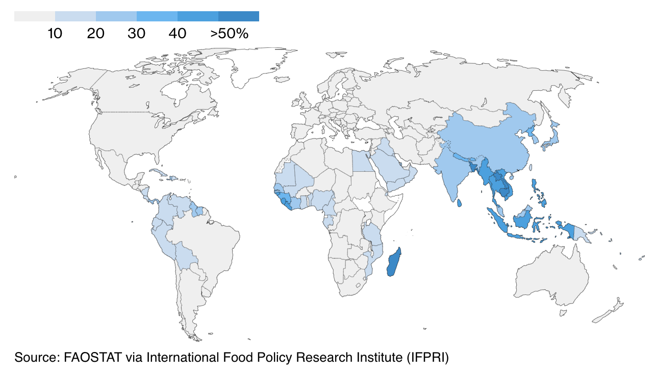 Tỷ trọng của gạo trong lượng calo hấp thụ h&agrave;ng ng&agrave;y của người d&acirc;n tại c&aacute;c quốc gia v&agrave; v&ugrave;ng l&atilde;nh thổ tr&ecirc;n thế giới.