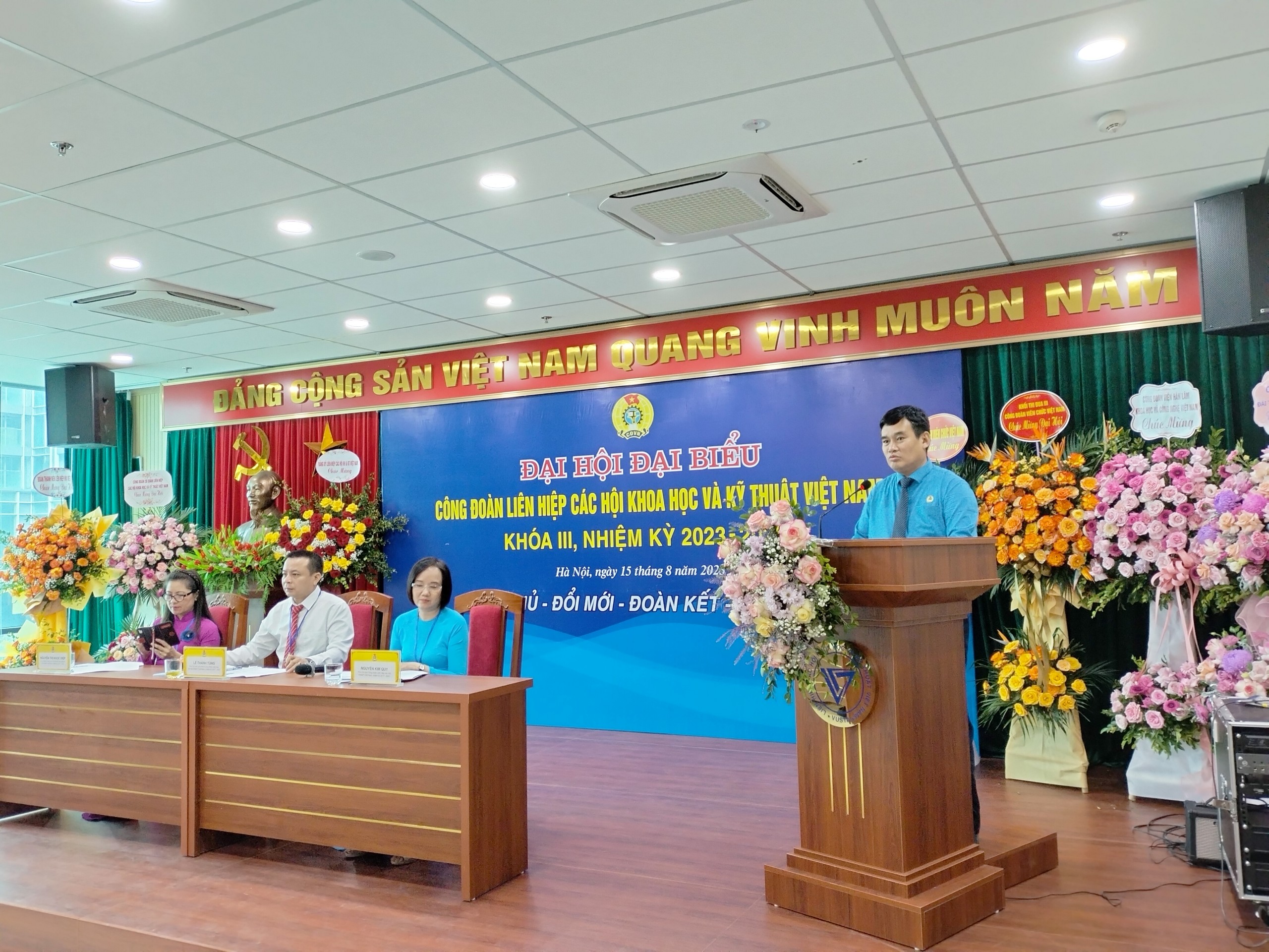 &Ocirc;ng Th&aacute;i Ho&agrave;i Nam, Ph&oacute; Chủ tịch C&ocirc;ng đo&agrave;n vi&ecirc;n chức Việt Nam, ph&aacute;t biểu tại Đại hội diễn ra ng&agrave;y 15/8/2023.