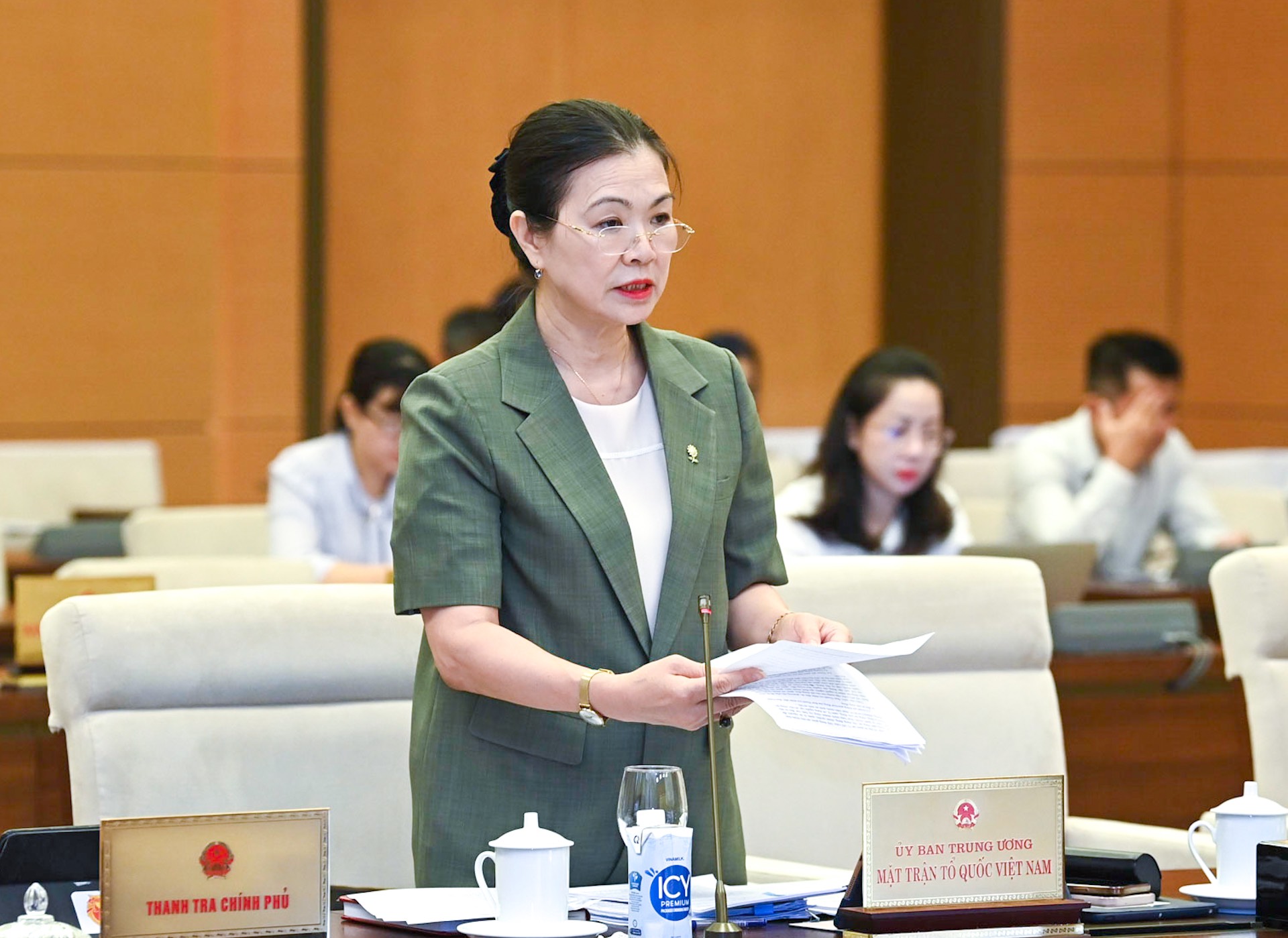 Phó Chủ tịch Ủy ban Trung ương Mặt trận Tổ quốc Việt Nam Trương Ngọc Ánh báo cáo tại phiên họp. Ảnh - Quochoi.vn.