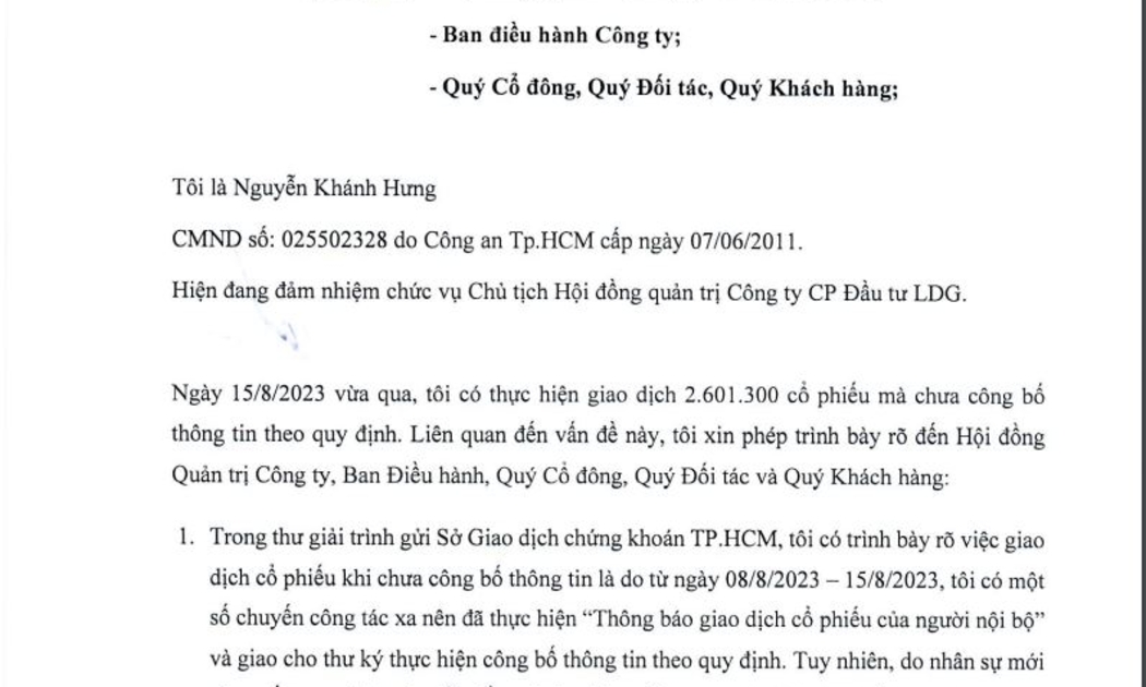 Công văn giải trình chậm công bố thông tin giao dịch cổ phiếu của Chủ tịch LDG Nguyễn Khánh Hưng ngày 17-08-2023. 