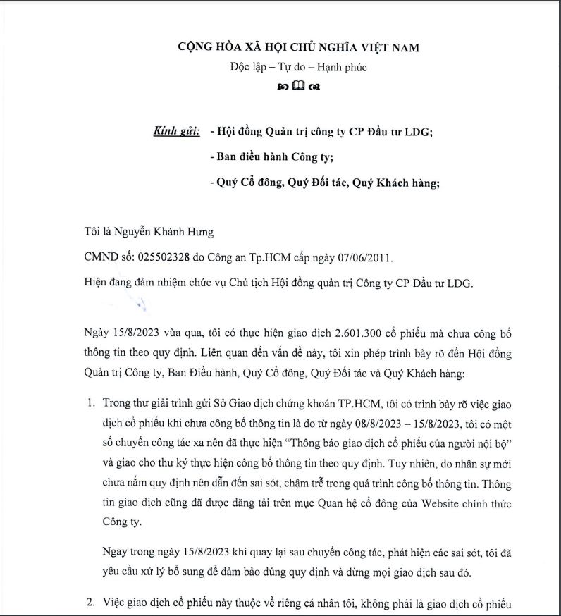 C&ocirc;ng văn giải tr&igrave;nh về việc b&aacute;n chui cổ phiếu của Chủ tịch LDG Nguyễn Kh&aacute;nh Hưng ng&agrave;y 17-08-2023.