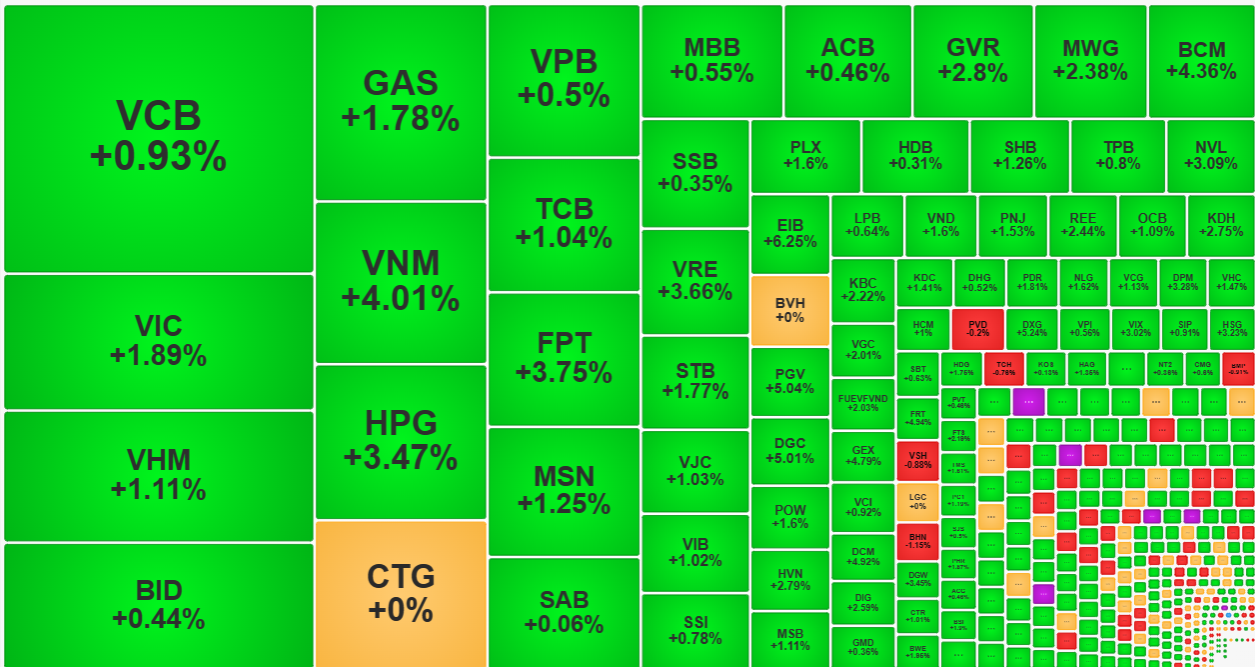 Nh&oacute;m cổ phiếu vốn h&oacute;a lớn nhất chỉ c&oacute; VNM v&agrave; HPG l&agrave; tăng ấn tượng.
