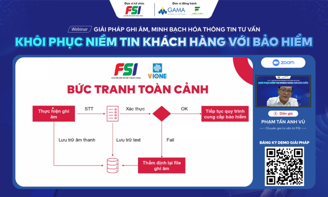 Ông Phạm Tấn Anh Vũ chia sẻ về giải pháp chuyển đổi giọng nói thành văn bản thông minh từ FSI giúp thiết lập bằng chứng và minh bạch hóa quá trình tư vấn bảo hiểm.