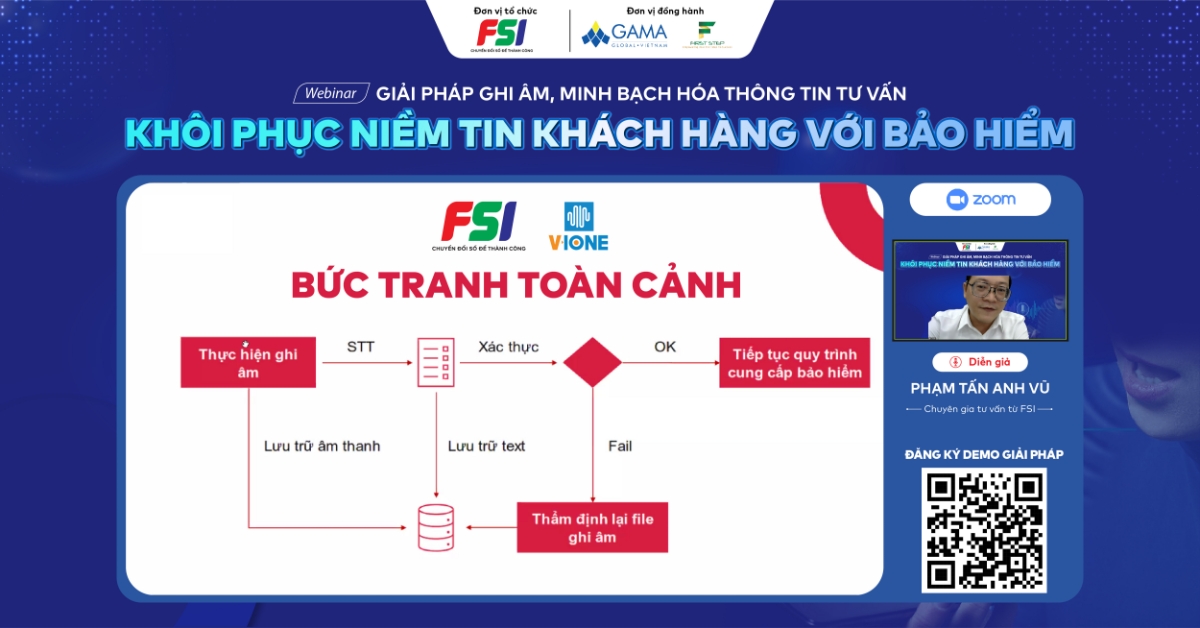Ông Phạm Tấn Anh Vũ chia sẻ về giải pháp chuyển đổi giọng nói thành văn bản thông minh từ FSI giúp thiết lập bằng chứng và minh bạch hóa quá trình tư vấn bảo hiểm.