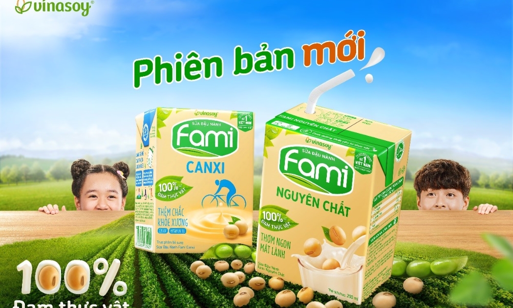 Hình ảnh chiếc lá xanh tươi cùng biểu tượng “100% đạm thực vật”, như lời cam kết của Fami cung cấp nguồn dinh dưỡng vàng từ thực vật đến mọi nhà.