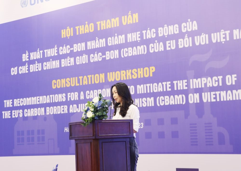 Bà Mai Kim Liên, Phó Cục trưởng Cục Biến đổi khí hậu (Bộ Tài nguyên và Môi trường) phát biểu tại hội thảo.