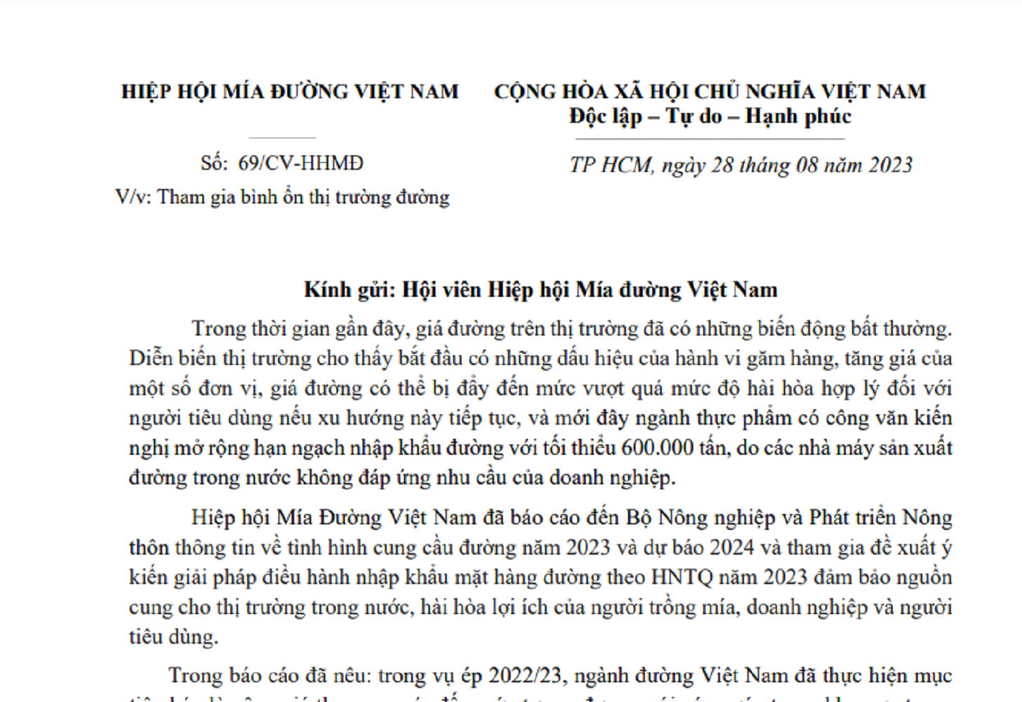 C&ocirc;ng văn của Hiệp hội M&iacute;a đường Việt Nam