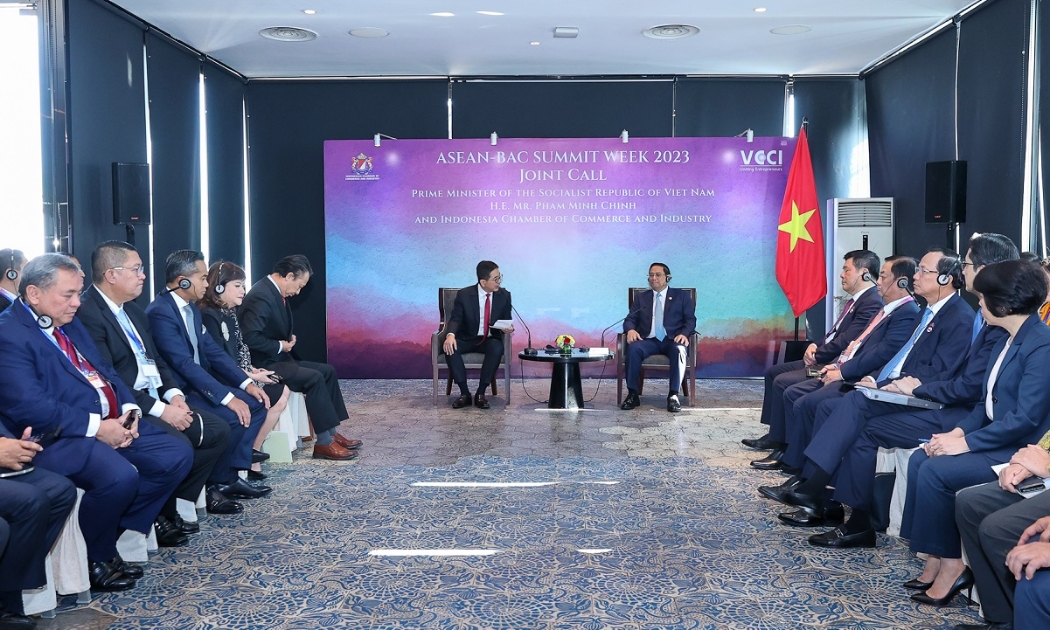 Thủ tướng Phạm Minh Chính tiếp lãnh đạo Phòng Thương mại và Công nghiệp Indonesia và một số doanh nghiệp tiêu biểu của Indonesia. Ảnh:VGP.