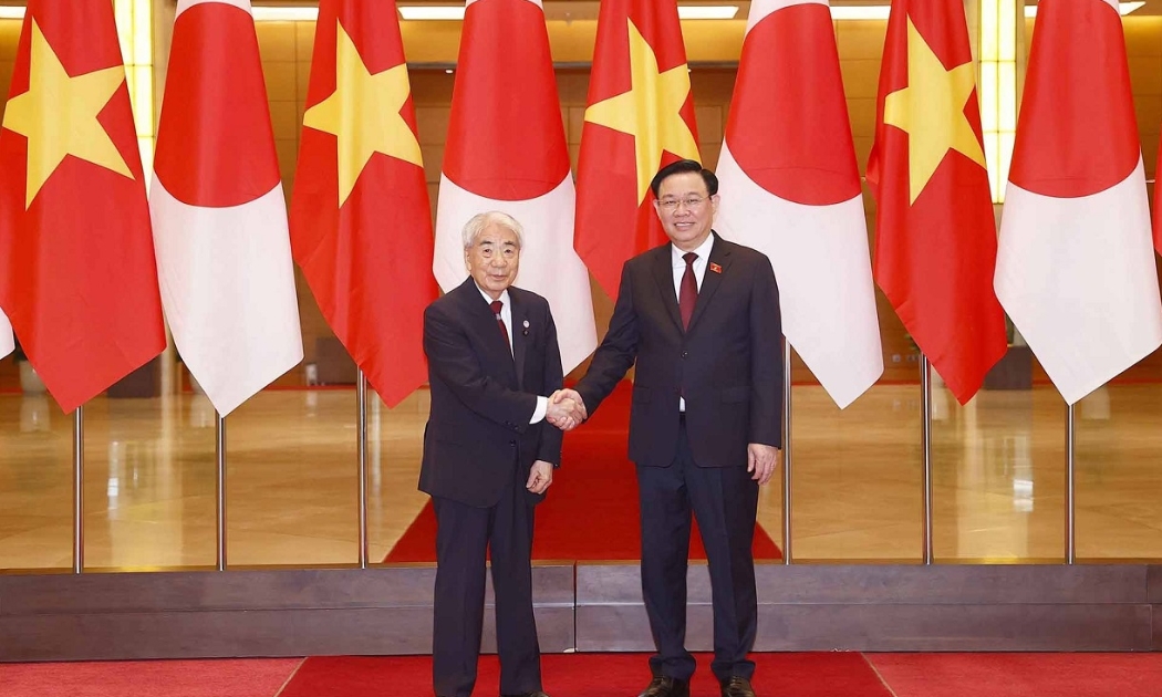 Chủ tịch Quốc hội Vương Đình Huệ và Chủ tịch Thượng viện Nhật Bản Otsuji Hidehisa tại buổi hội đàm. Ảnh: TTXVN.